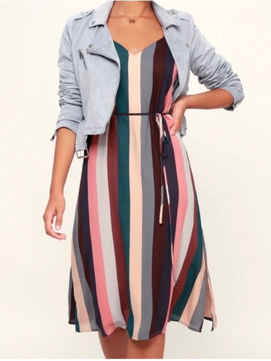 Lulus Dresses & Skirts - Lulus Erina Mauve Multi Stripe Belted Midi Slip Dress - Medium